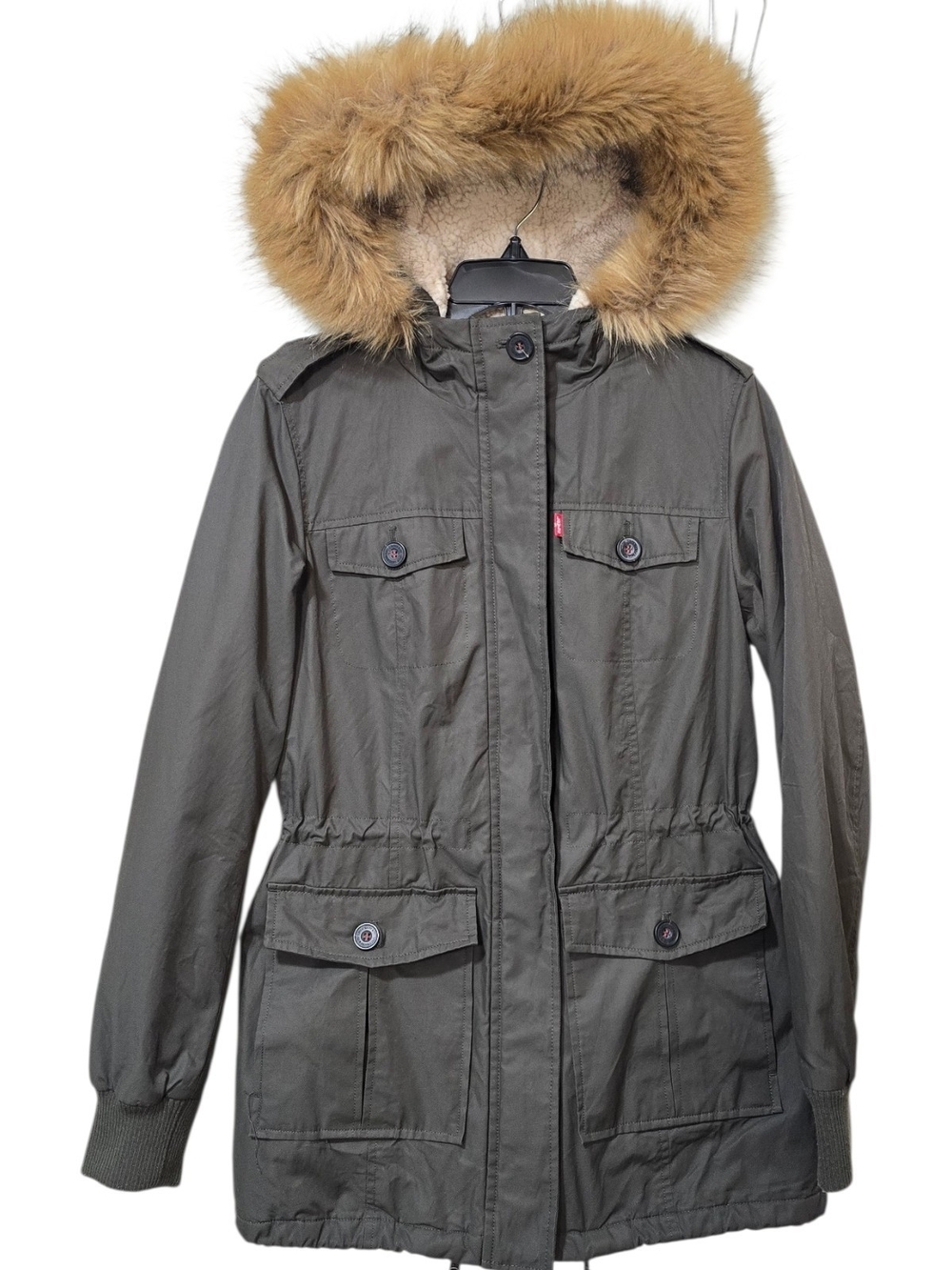 Levi’s Sherpa Lined Olive Green Utility Parka Faux Fur Hood Women’s Small